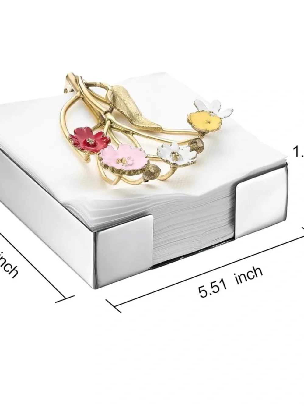 Gold Floral Enamel Napkin Ring with Red, Pink, White, Yellow Flowers